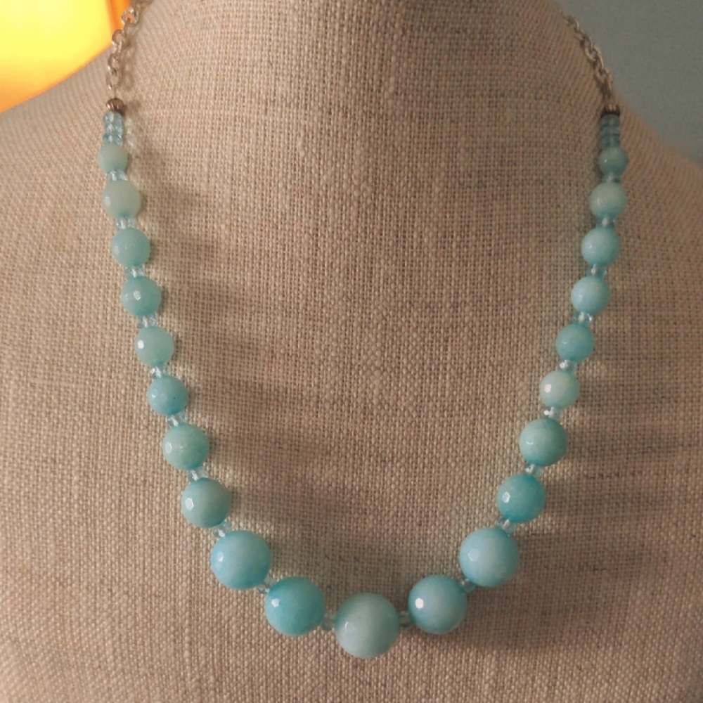Aqua Blue Quartz & Crystal Beaded Necklace. New. Silver plated adjustable chain